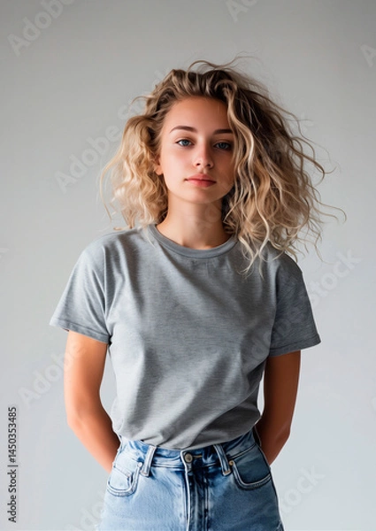Fototapeta Minimal Grey T-Shirt Mockup on Woman for Branding and Design Presentation. On a white background. AI-generated photo
