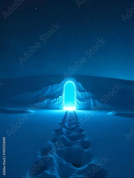 Fototapeta An ethereal path leads to a glowing portal in a snowy landscape under a starry night sky.
