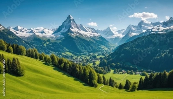 Fototapeta Vibrant green grass covers the alpine mountain landscape under a summer sky with clouds, offering a scenic view of the Alps