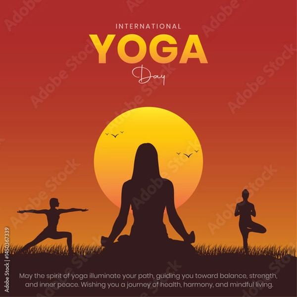 Fototapeta 21 June - International Yoga Day Post and Greeting Card Design. Modern and Elegant Yoga Day Creative with Yoga Postures Vector Illustration