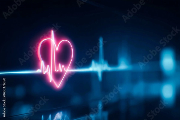 Fototapeta Neon pink heartbeat line with glowing heart on dark gradient background