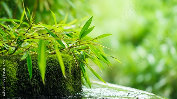 Fototapeta Lush green bamboo forest with sunlight filtering through leaves