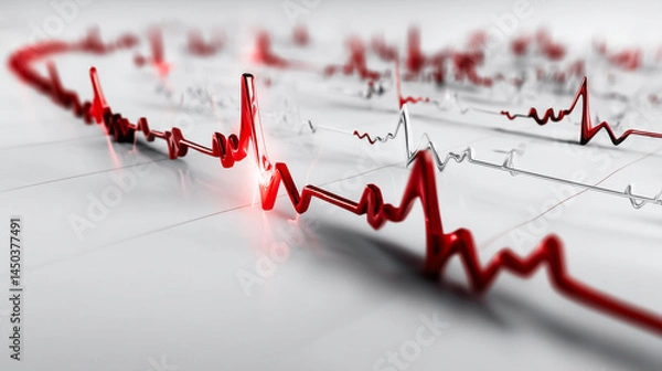 Fototapeta Red electrocardiogram line on white background with digital heartbeat