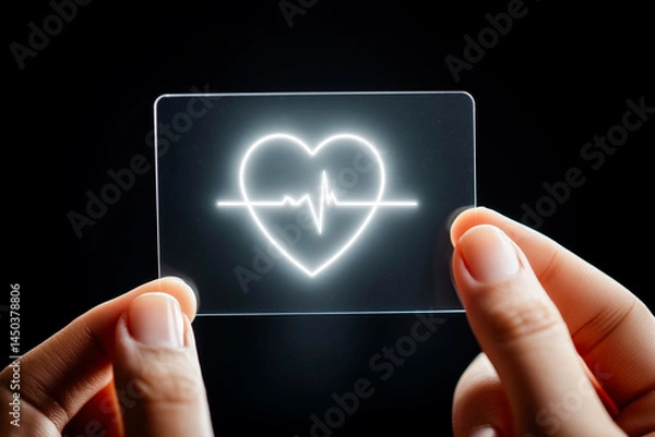 Fototapeta Hands holding a transparent screen with a glowing white heart and stethoscope icon in a futuristic medical setting