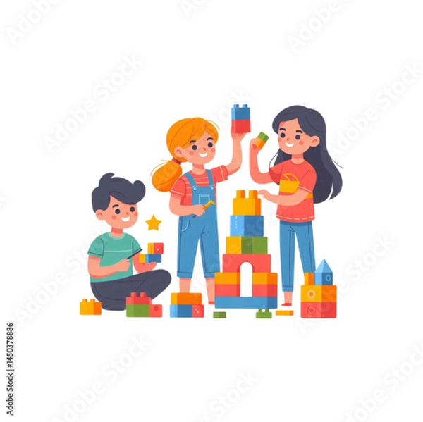 Obraz Flat character illustration of children playing and constructing with colorful building blocks. Great for early childhood education visuals and toy advertisements.