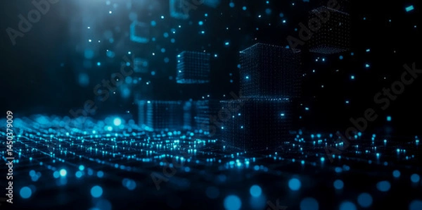 Obraz Black background with abstract cubes, blue dots, and soft lighting, creating a futuristic technology atmosphere.