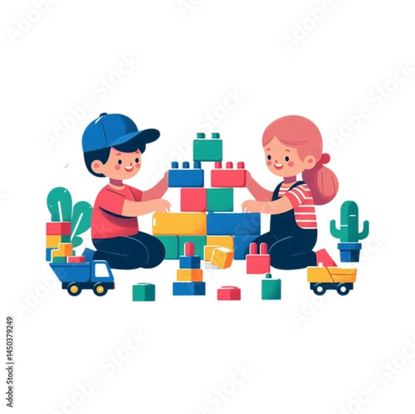 Obraz Flat character illustration of children playing and constructing with colorful building blocks. Great for early childhood education visuals and toy advertisements.