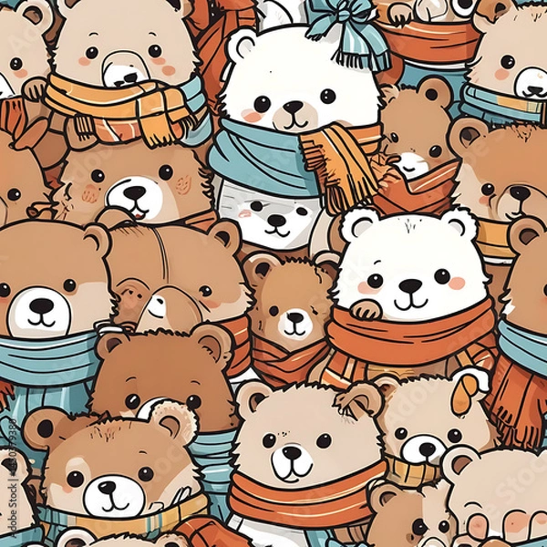 Obraz Cozy Bear Cub Pattern a heartwarming pattern of adorable bear cubs donning cozy scarves and sweaters, embodying the essence of warmth and comfort.