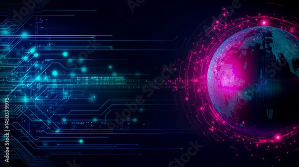 Obraz Blue-purple color scheme with glowing Earth sphere on right, pink-green circuit lines on dark blue background, space for text top-left, digital technology theme.