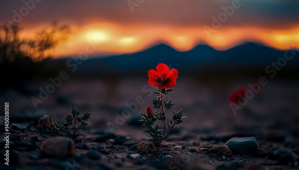 Obraz Small desert flower blooming in dry soil, with mountains and sunset in the background.
