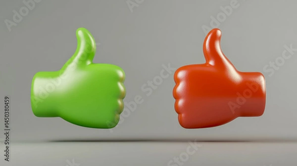 Obraz Thumbs-up icon and red thumbs-down hand on a grey background.
