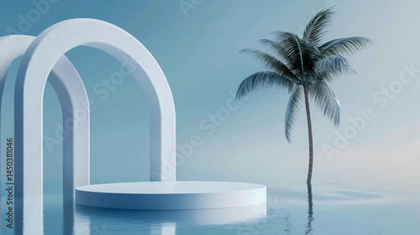 Obraz Abstract product display with a white round podium in water, reflecting a snowy landscape.