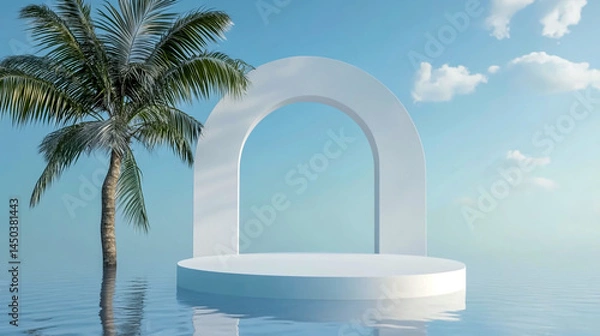 Obraz Abstract product display with a white round podium in water, reflecting a snowy landscape.