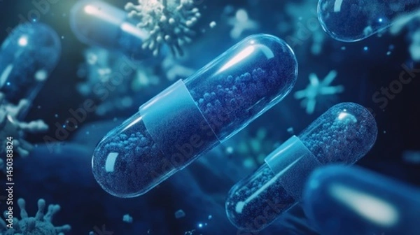 Fototapeta Microscopic view of capsules and viruses.