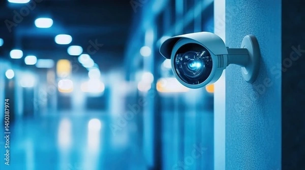 Fototapeta Realistic - photographic picture of a gray - white surveillance camera on a blue - green wall, reflecting the environment, a warm - yellow corridor in the background