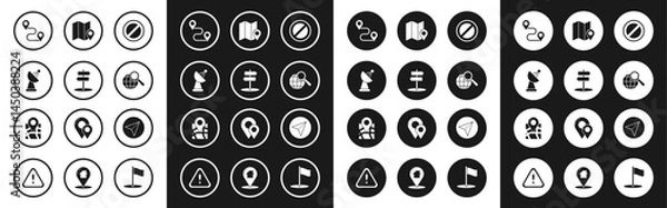 Fototapeta Set Stop sign, Road traffic, Radar, Route location, Magnifying glass with globe, Folded map marker, Paper airplane and icon. Vector