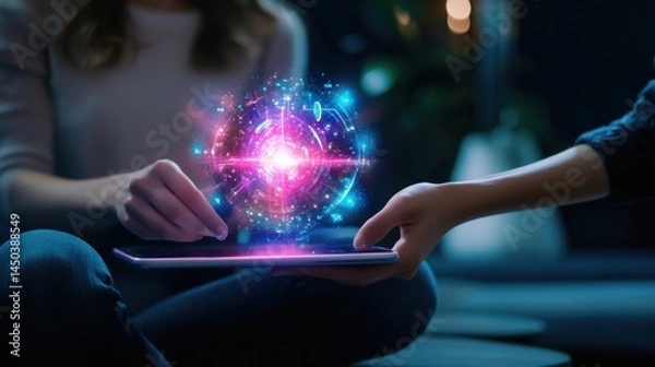 Fototapeta Digital data sphere above tablet