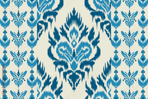 Fototapeta Seamless traditional blue Ikat pattern with ethnic tribal textile design, ornamental fabric background, geometric motif vector print, vintage boho chic wallpaper textile illustration.