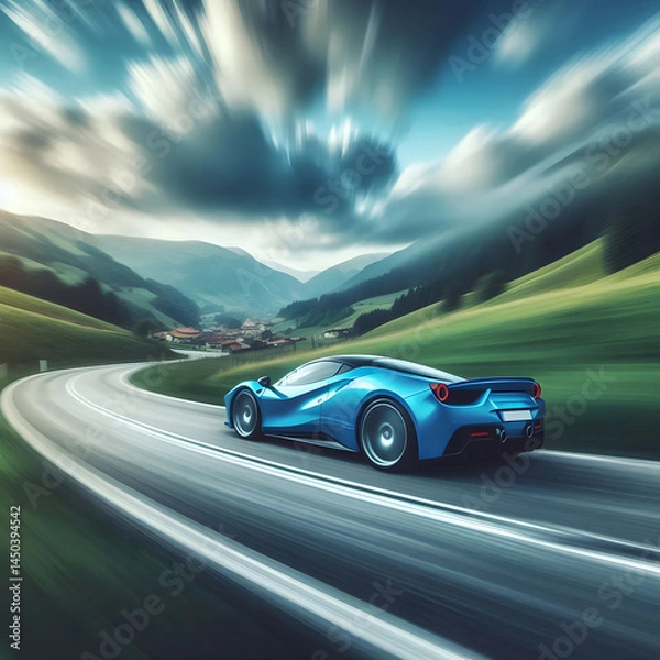 Fototapeta A blue sports car speeds along a winding mountain road, with blurred motion suggesting high speed. Generative AI.