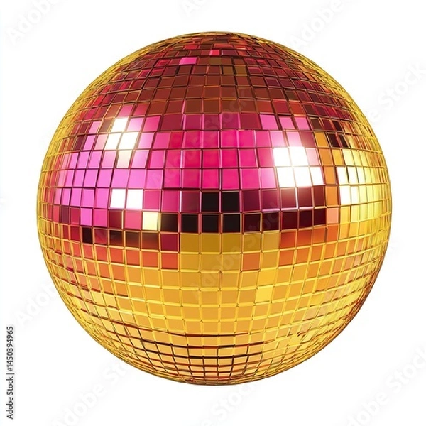 Fototapeta A golden disco ball with pink reflections isolated on a white background