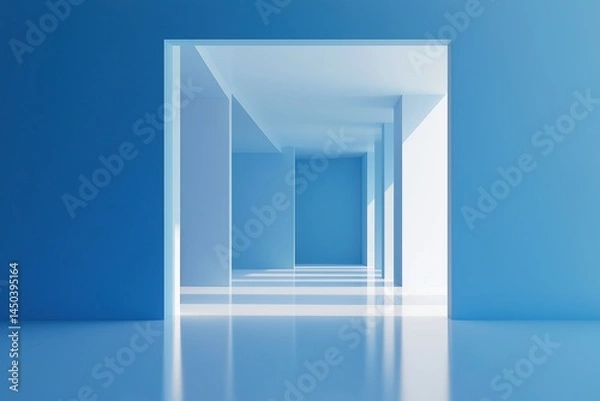 Fototapeta A modern blue minimalist corridor with geometric shapes and bright natural lighting