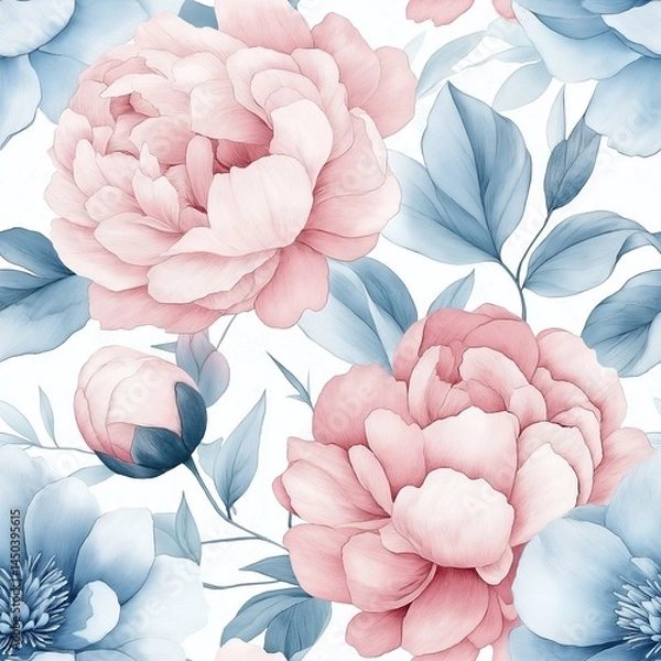 Fototapeta A seamless floral pattern with large soft pink peonies and blue foliage, hand-painted in watercolor style