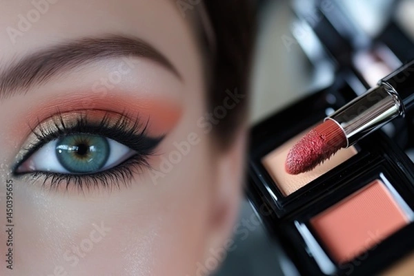 Fototapeta Eye with bold orange and gold eyeshadow next to a red lip gloss applicator and palette