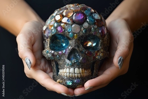 Fototapeta Bright multicolored jeweled skull held with both hands against black background
