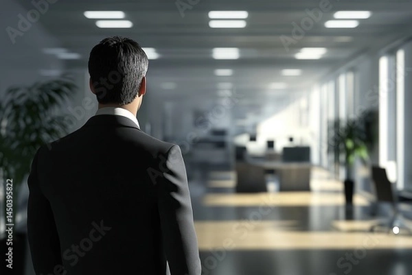 Fototapeta A man in a black suit stands in a modern office corridor, facing a bright, spacious workspace