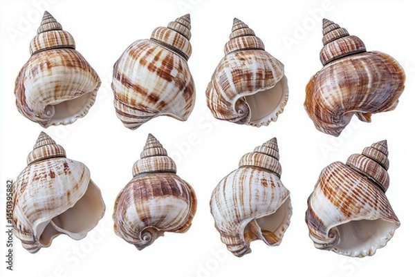 Fototapeta A set of brown and white seashells with a spiral shape, isolated on a white background