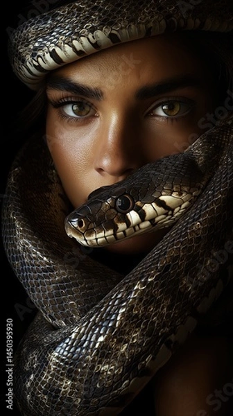 Fototapeta A woman with piercing eyes stares intensely as a black and white patterned snake coils around her head, emphasizing power and symbolism