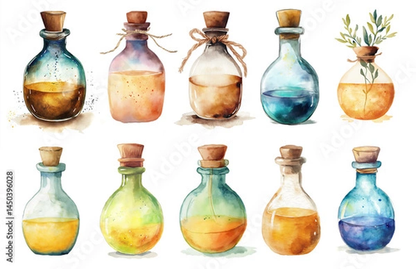 Fototapeta Assorted watercolor potion bottles with colorful liquids and decorative corks arranged in rows