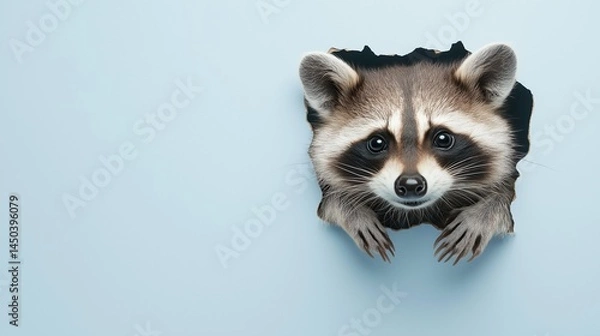 Fototapeta A curious raccoon pokes its head through a hole in a soft blue background, staring directly ahead with a playful expression