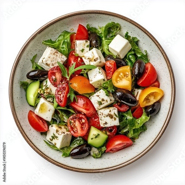 Fototapeta Vibrant Greek salad with multicolored tomatoes, feta, olives, cucumber, and greens