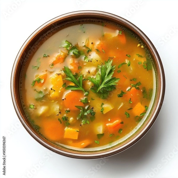 Fototapeta A bowl of vegetable soup with fresh herbs, isolated on a white background