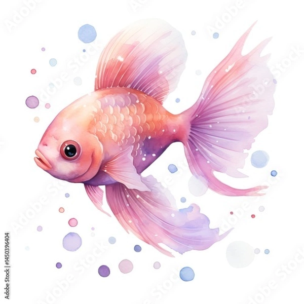 Fototapeta A graceful watercolor fish in shades of lilac and blue with flowing fins against a white background