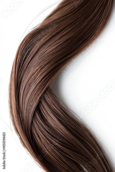 Fototapeta A smooth strand of wavy brown hair isolated on a white background, highlighting its texture and shine