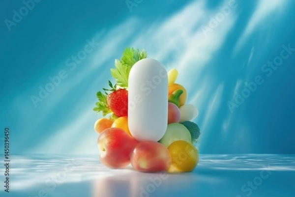 Fototapeta A white pill surrounded by a variety of fresh fruits and vegetables, set against a soft blue background with light reflections