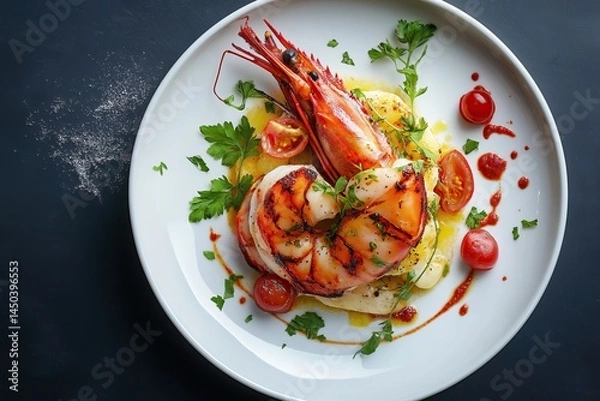 Fototapeta A gourmet seafood dish featuring a large grilled shrimp with cherry tomatoes, fresh herbs, and sauce, presented on a white plate