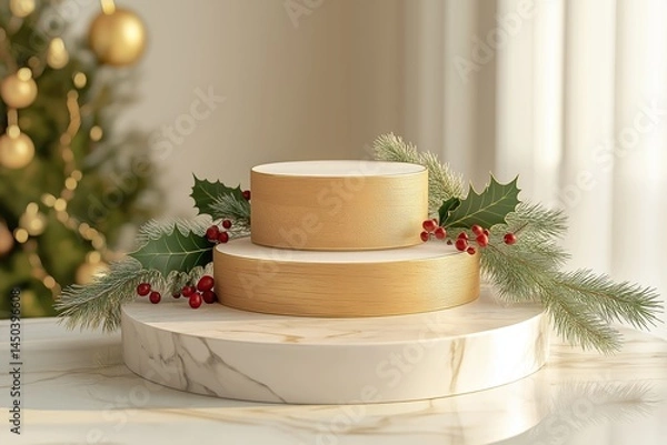 Fototapeta A circular wooden podium with marble accents, decorated with holiday pine branches and red berries