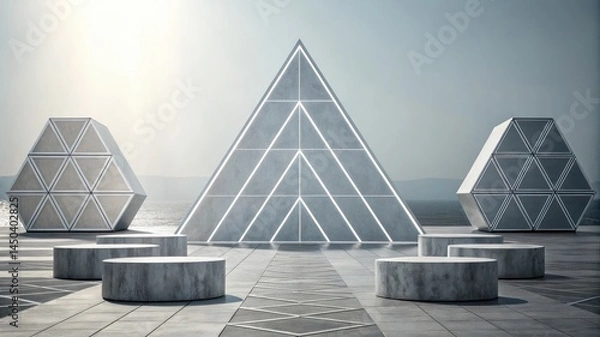 Fototapeta Geometric concrete structures, including pyramids and hexagons, stand on a tiled plaza by the water in a minimalist architectural scene.