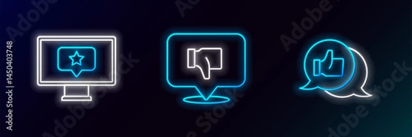 Fototapeta Set line Customer product rating, Monitor with star and Dislike speech bubble icon. Glowing neon. Vector