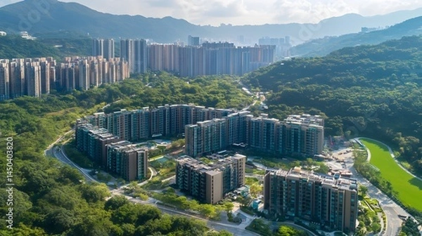 Obraz aerial view of residential housing project under development, with green surroundings,