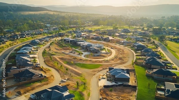 Obraz aerial view of residential housing project under development, with green surroundings,