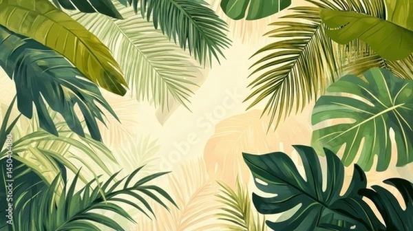 Fototapeta Lush tropical foliage pattern with a soft pastel background.