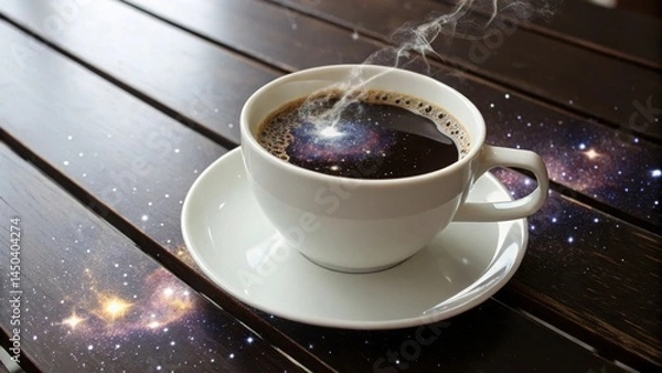 Fototapeta A steaming cup of coffee with a swirling galaxy inside, set on a wooden table with cosmic patterns.