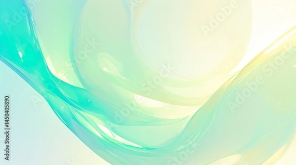 Fototapeta Abstract background featuring flowing, ethereal translucent waves blending soft teal blue and light yellow hues against a light backdrop. 