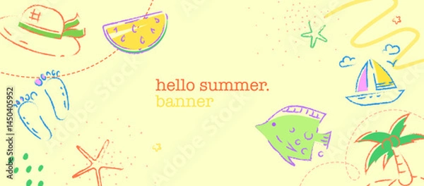 Obraz Hello summer doodle banner with hat, palm, sailboat and watermelon. Crayon Style Summer Sale Background Banner with Watermelon, Sailboat and Palm
