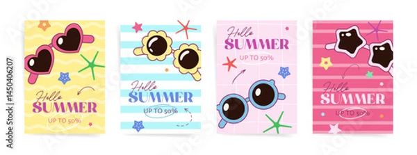 Obraz Cute Sunglasses Hello Summer Vertical Poster Pack. Set of four vertical summer sale posters with kawaii sunglasses in pastel stripes