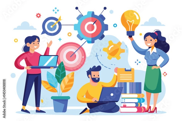 Fototapeta Illustration of a diverse team collaborating with technology and ideas. Creativity and teamwork drive innovation, symbolized by a lightbulb and target goals. Perfect for business and strategy visuals.